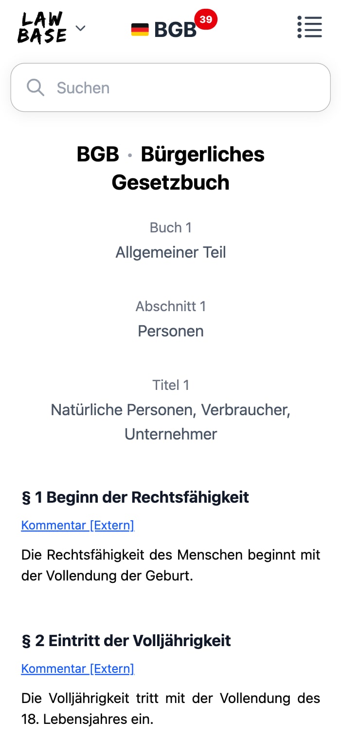 Das BGB im Lawbase-Gesetzesleser auf dem Smartphone: Suche, Gliederung und § 1 BGB